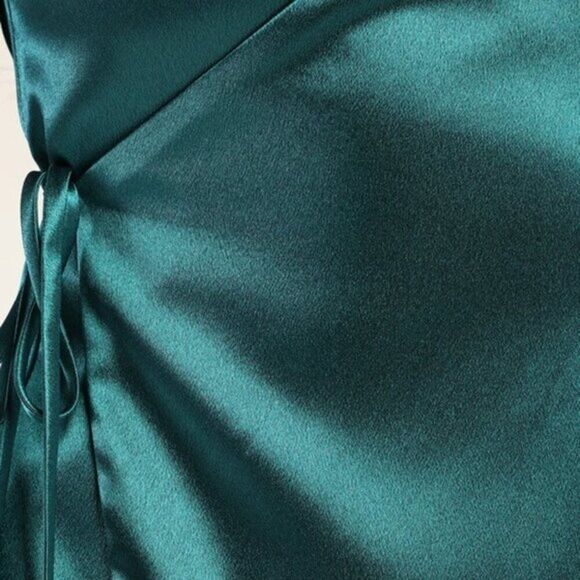 Lulu's Women Teal Satin Backless Wrap Mini Party Dress - Picture 5 of 5